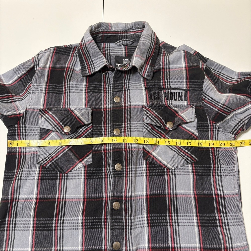 Top Mount Mens Full Zip Snap Grappler Flannel Shirt Size L Black Red Plaid Biker - Picture 8 of 16